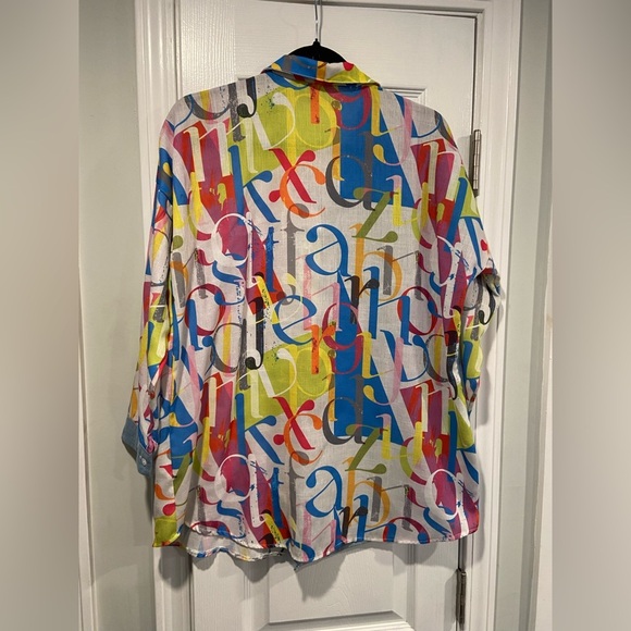 VTG Colorful Alphabet Blue Colorblock Size 2X Button Down Collared Shirt - Picture 8 of 10